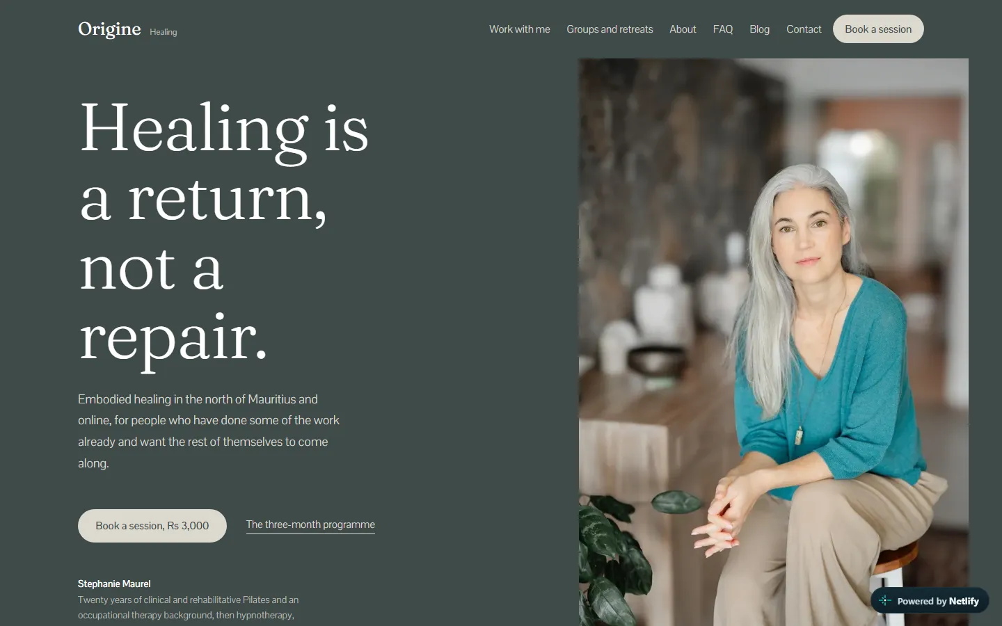 Origine Healing homepage: the headline "Healing is a return, not a repair" beside a portrait of the practitioner.