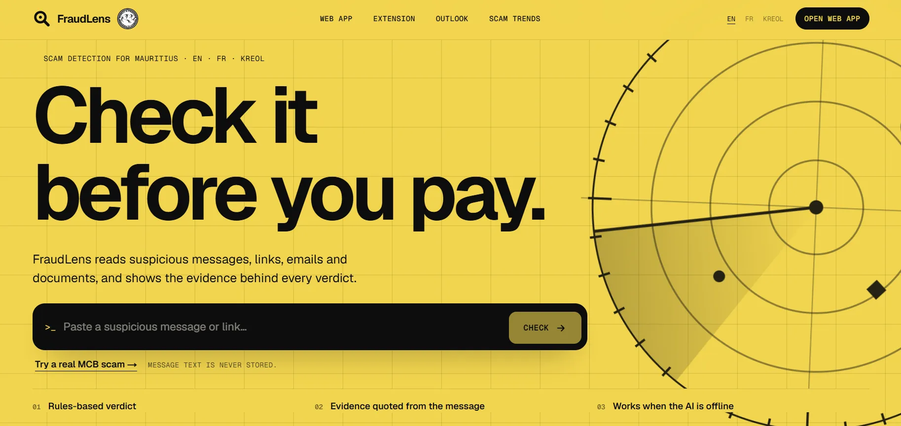 FraudLens landing page with the headline "Check it before you pay" and a box to paste a suspicious message or link.